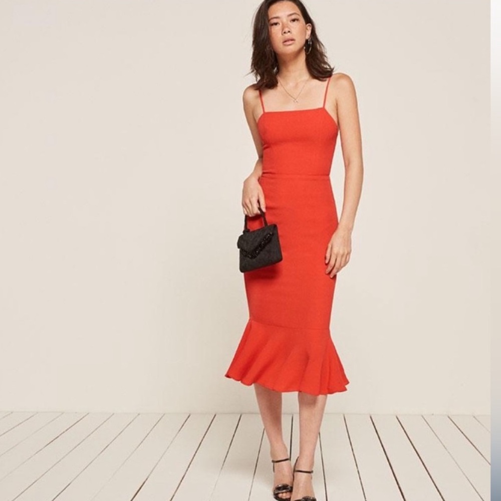 Reformation Red Ruffle Midi Dress Women's Adjustable Spaghetti Strap Small